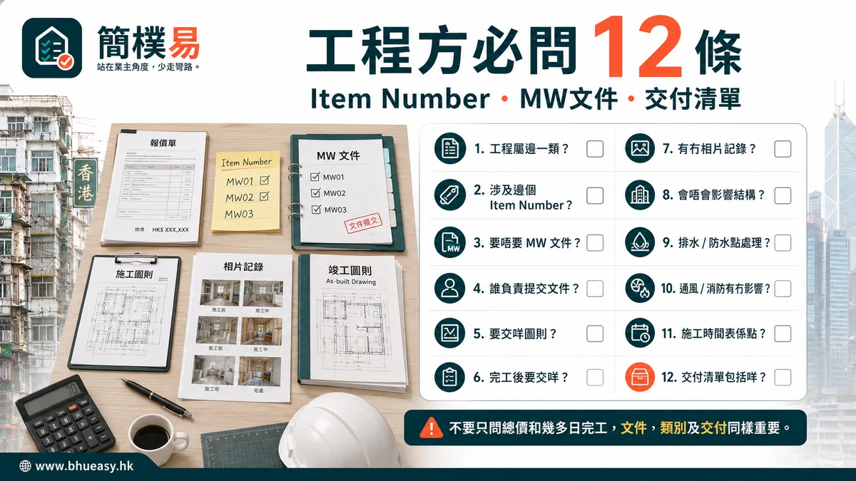 簡樸房工程方必問 12 條：不要只問總價和幾多日完工｜簡樸易工程方必問 12 條、item number、訂明建築專業人士（PBP）／訂明註冊承建商（PRC）和文件交付清單插圖
