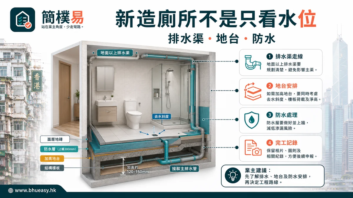 簡樸房新造廁所與排水渠：多一個廁所不是只看水喉位｜簡樸易新造廁所、地面以上渠管、地台和防水的工程風險圖插圖