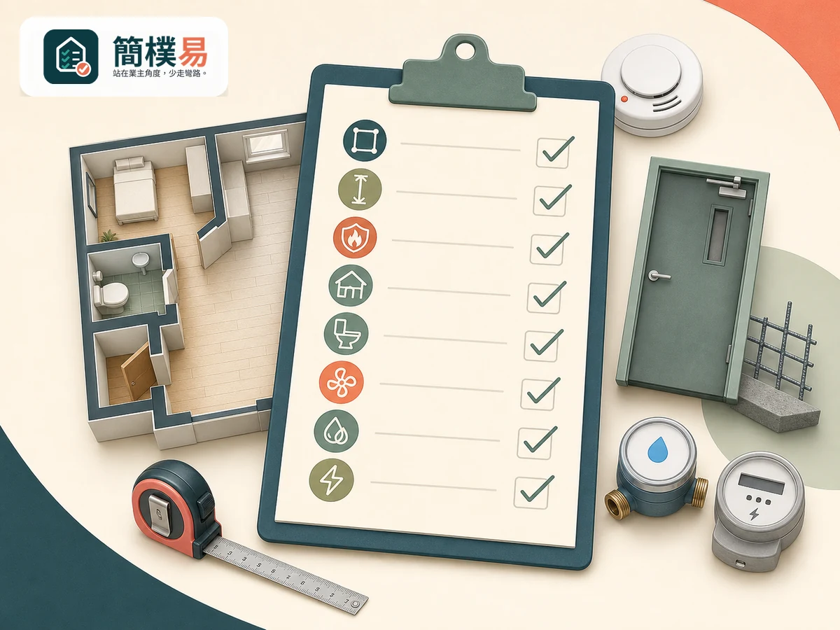 簡樸易八大標準自查 Checklist 封面插圖，包含平面圖、量尺、消防、通風、水錶及電錶檢查元素